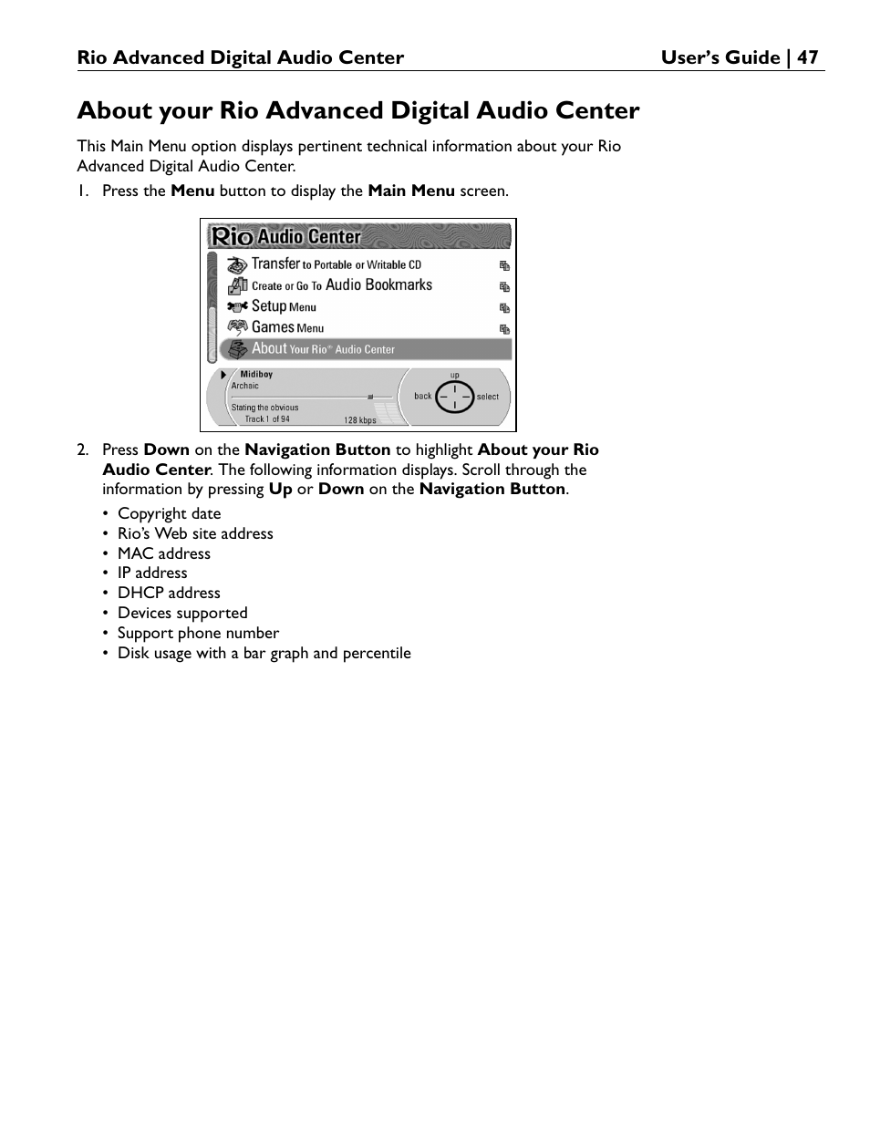 About your rio advanced digital audio center | Rio Audio Advanced Digital Audio Center User Manual | Page 49 / 116