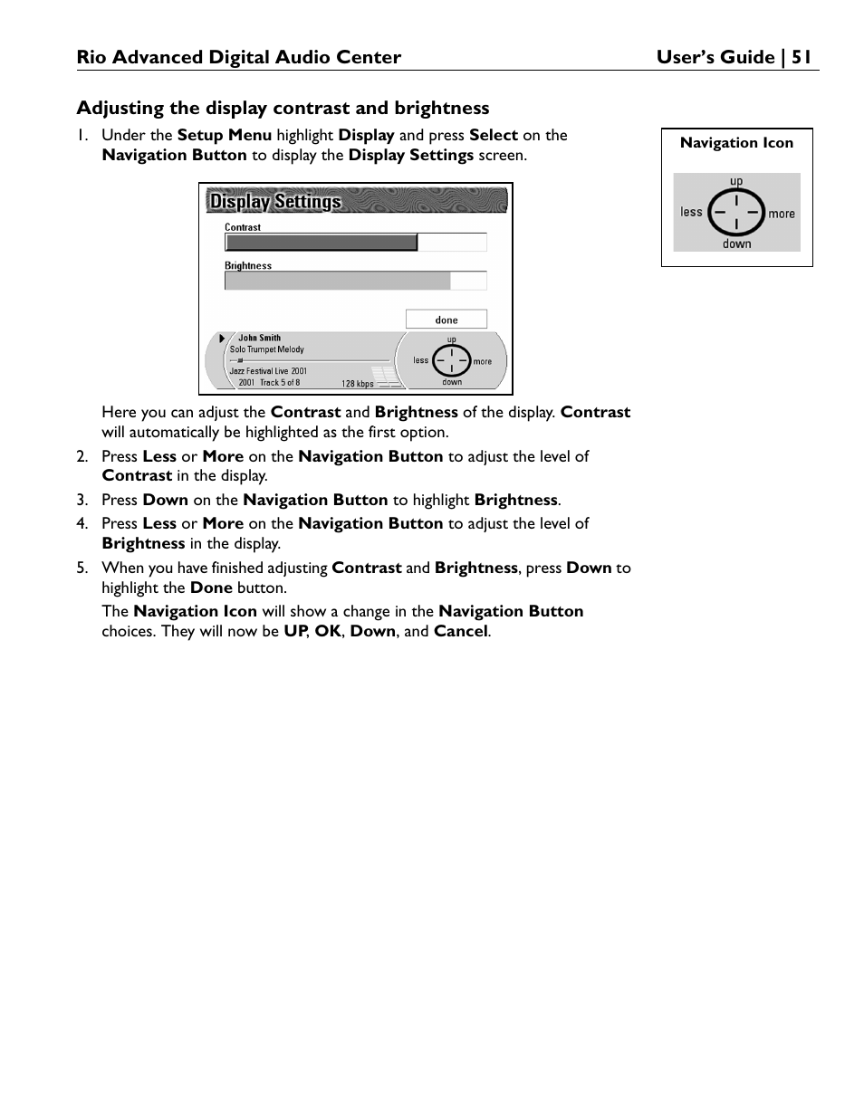 Adjusting the display contrast and brightness | Rio Audio Advanced Digital Audio Center User Manual | Page 53 / 116