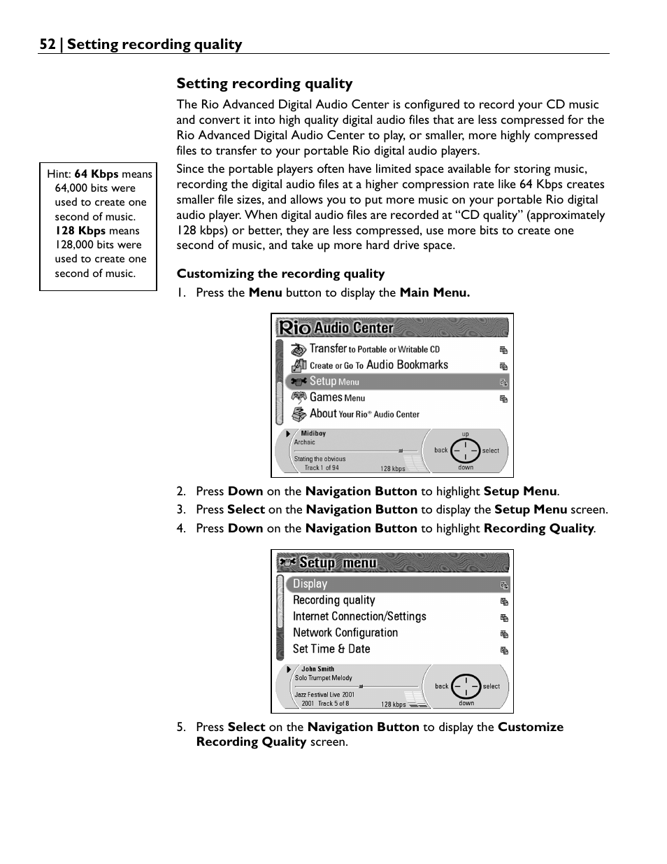 Setting recording quality, Customizing the recording quality | Rio Audio Advanced Digital Audio Center User Manual | Page 54 / 116