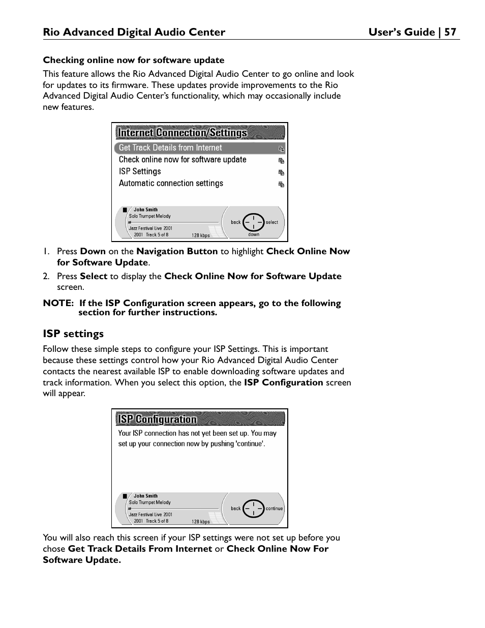 Checking online now for software update, Isp settings | Rio Audio Advanced Digital Audio Center User Manual | Page 59 / 116