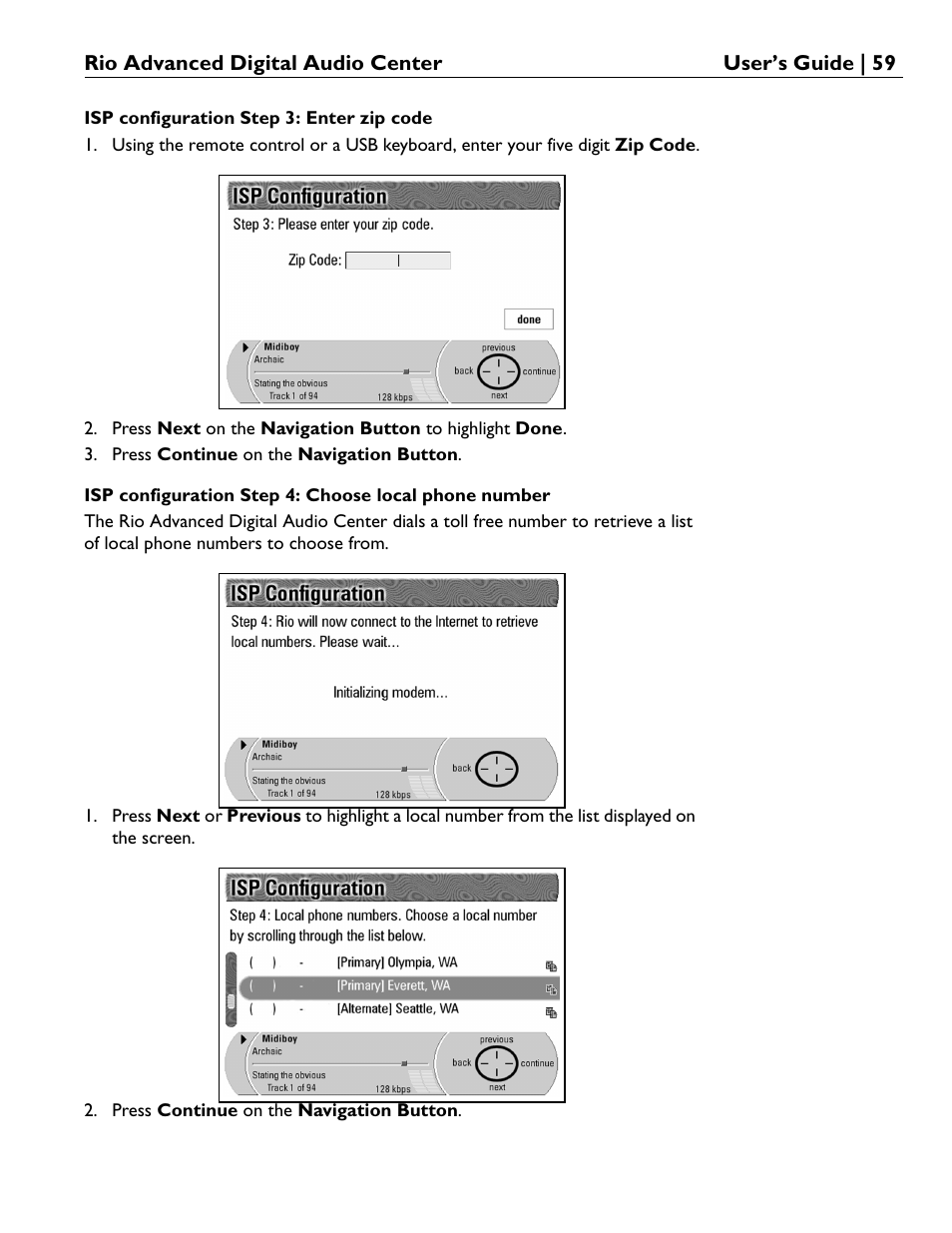 Isp configuration step 3: enter zip code | Rio Audio Advanced Digital Audio Center User Manual | Page 61 / 116