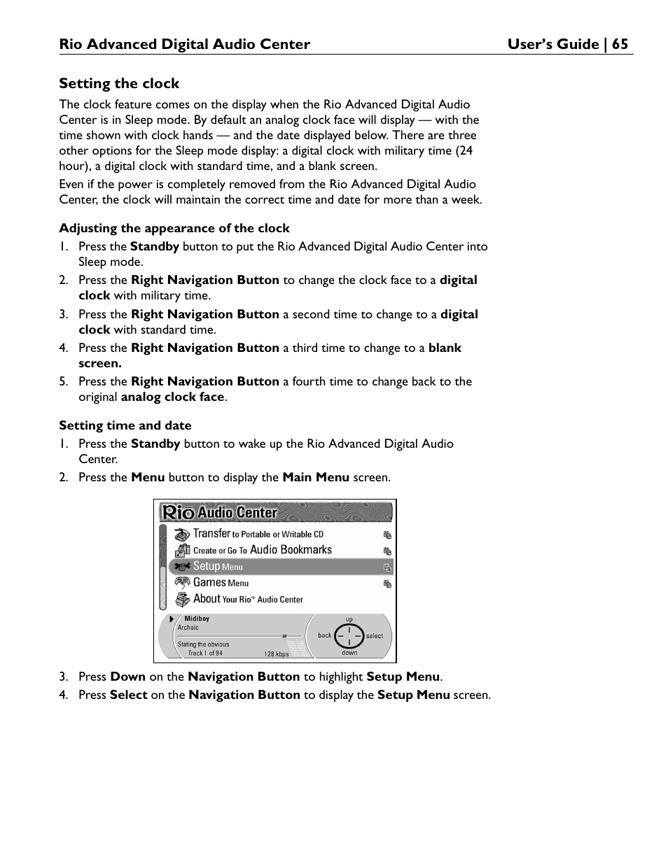 Setting the clock, Adjusting the appearance of the clock, Setting time and date | Rio Audio Advanced Digital Audio Center User Manual | Page 67 / 116