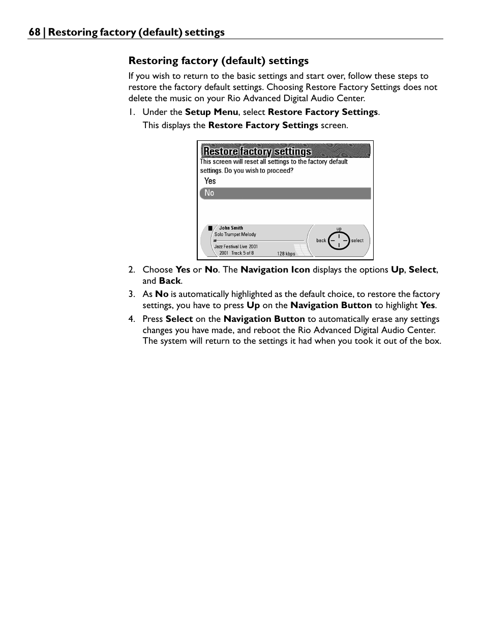 Restoring factory (default) settings | Rio Audio Advanced Digital Audio Center User Manual | Page 70 / 116