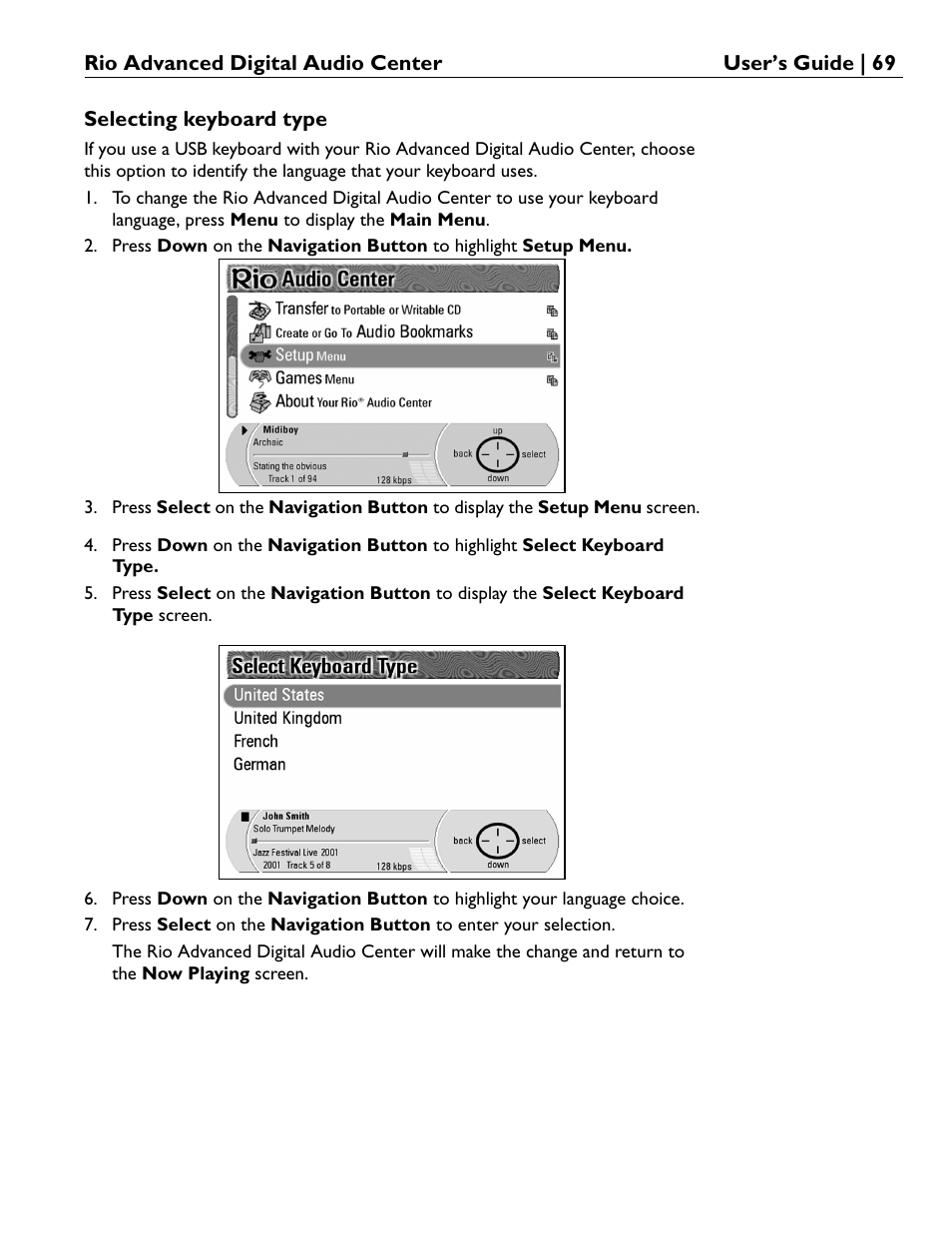 Selecting keyboard type | Rio Audio Advanced Digital Audio Center User Manual | Page 71 / 116