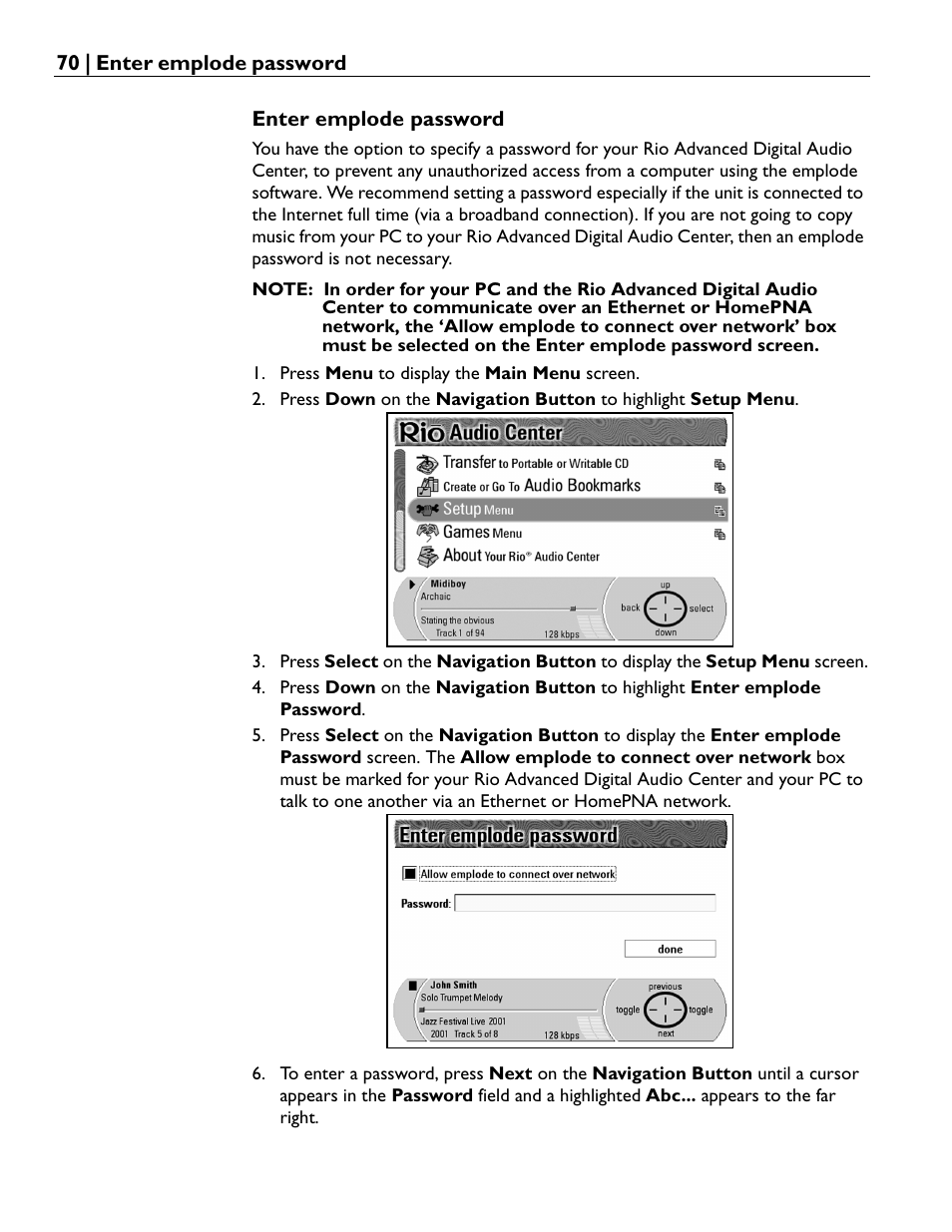 Enter emplode password | Rio Audio Advanced Digital Audio Center User Manual | Page 72 / 116