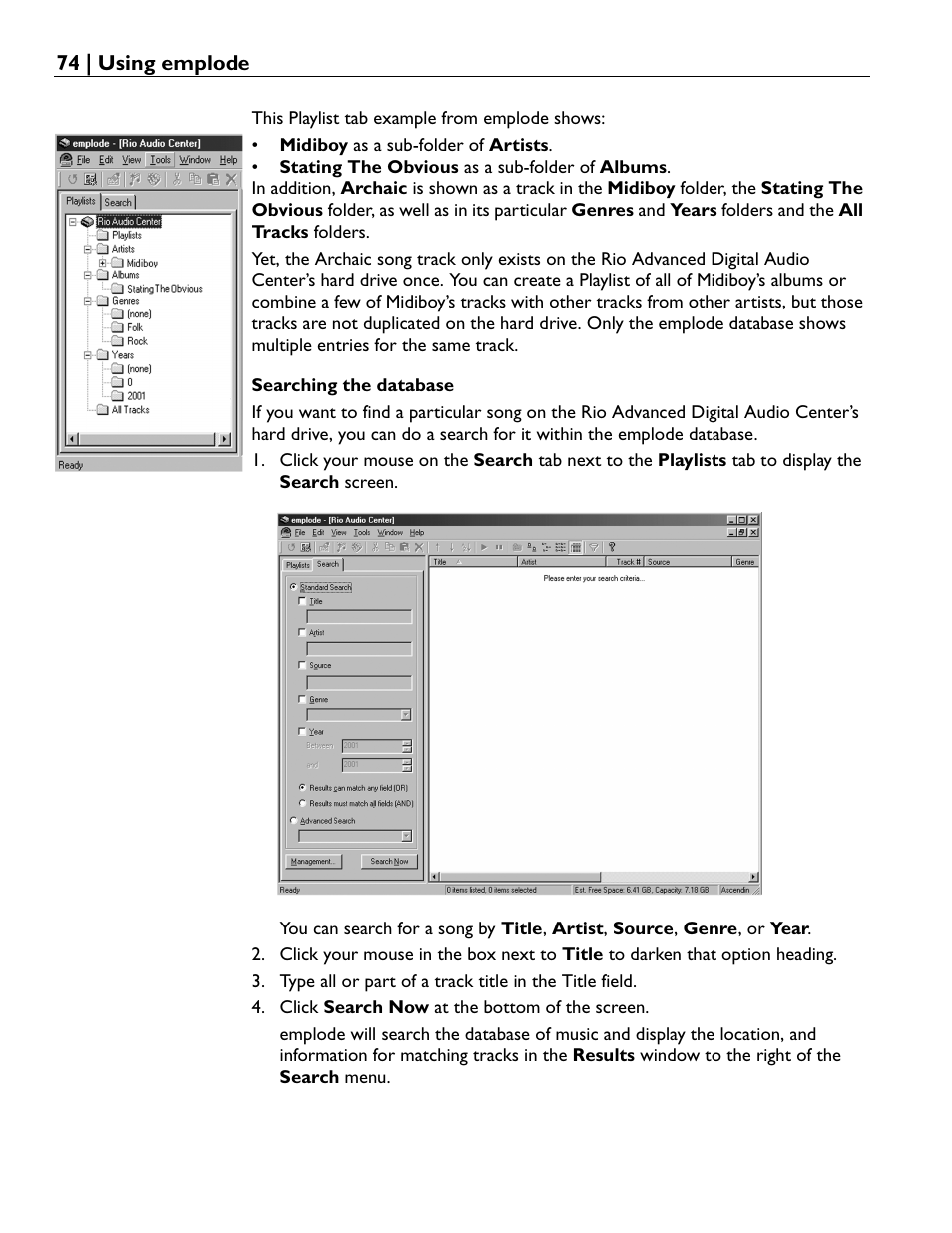 Searching the database | Rio Audio Advanced Digital Audio Center User Manual | Page 76 / 116