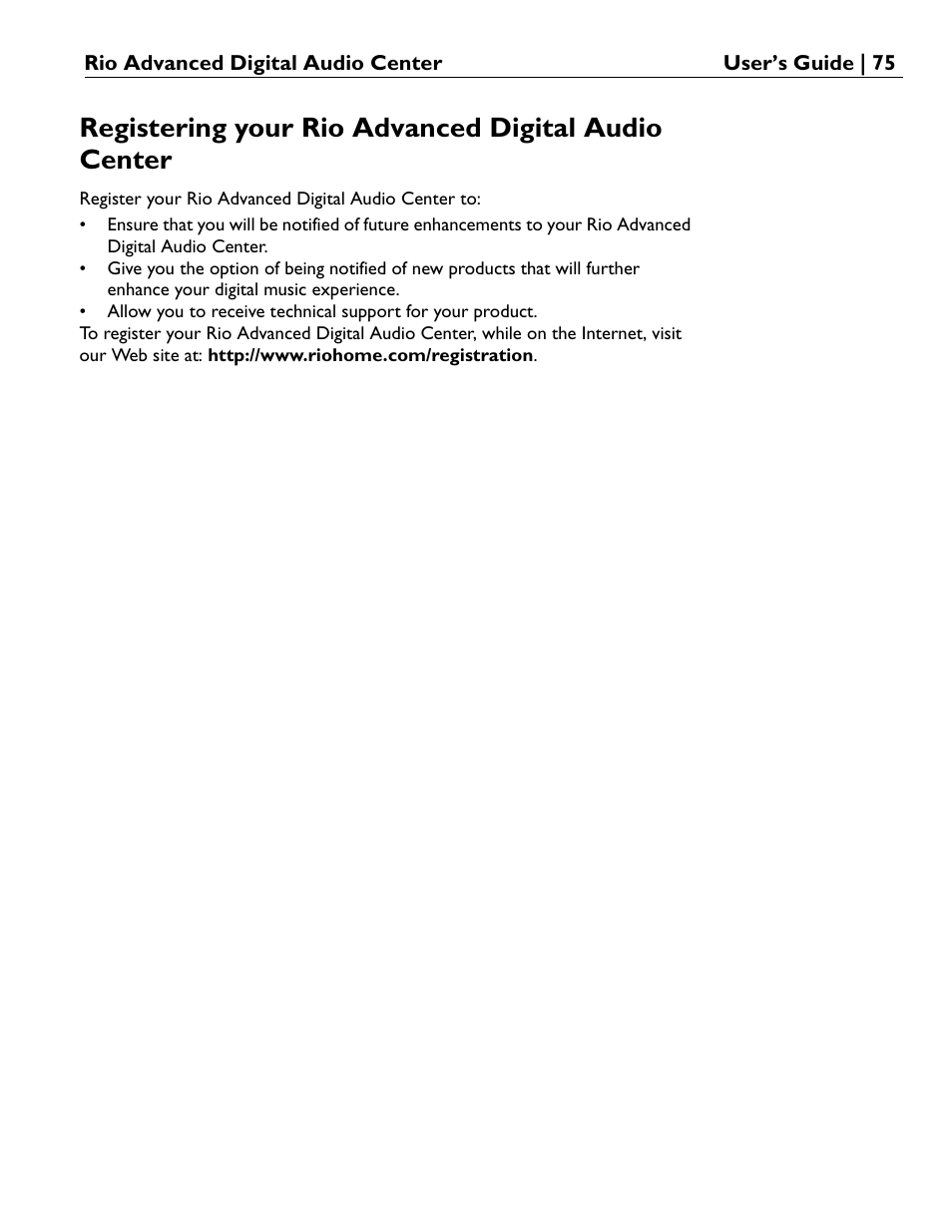 Registering your rio advanced digital audio center | Rio Audio Advanced Digital Audio Center User Manual | Page 77 / 116