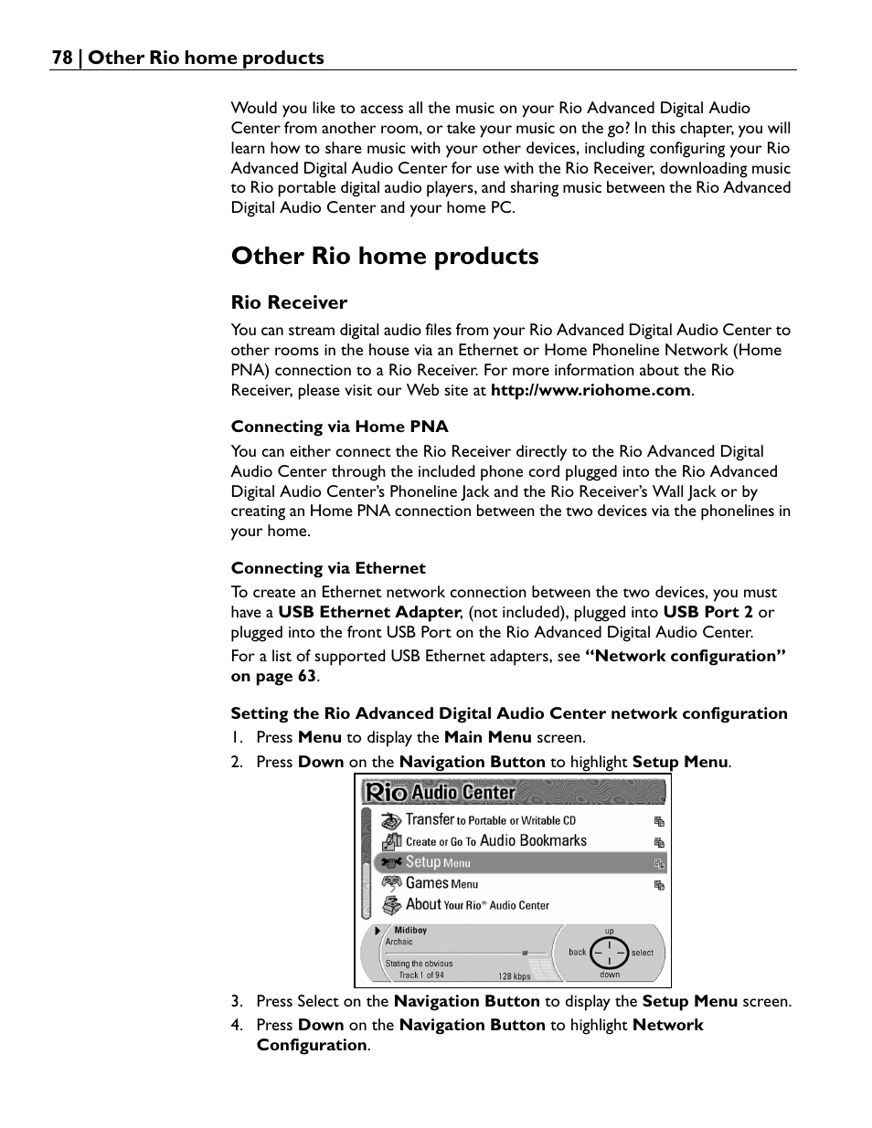 Other rio home products, Rio receiver, Connecting via home pna | Connecting via ethernet | Rio Audio Advanced Digital Audio Center User Manual | Page 80 / 116
