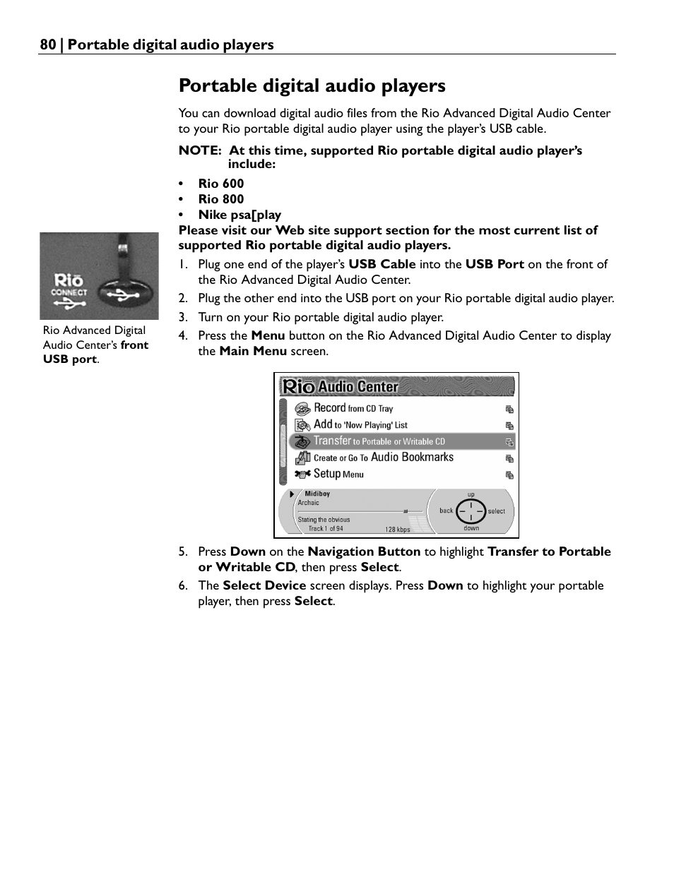 Portable digital audio players | Rio Audio Advanced Digital Audio Center User Manual | Page 82 / 116