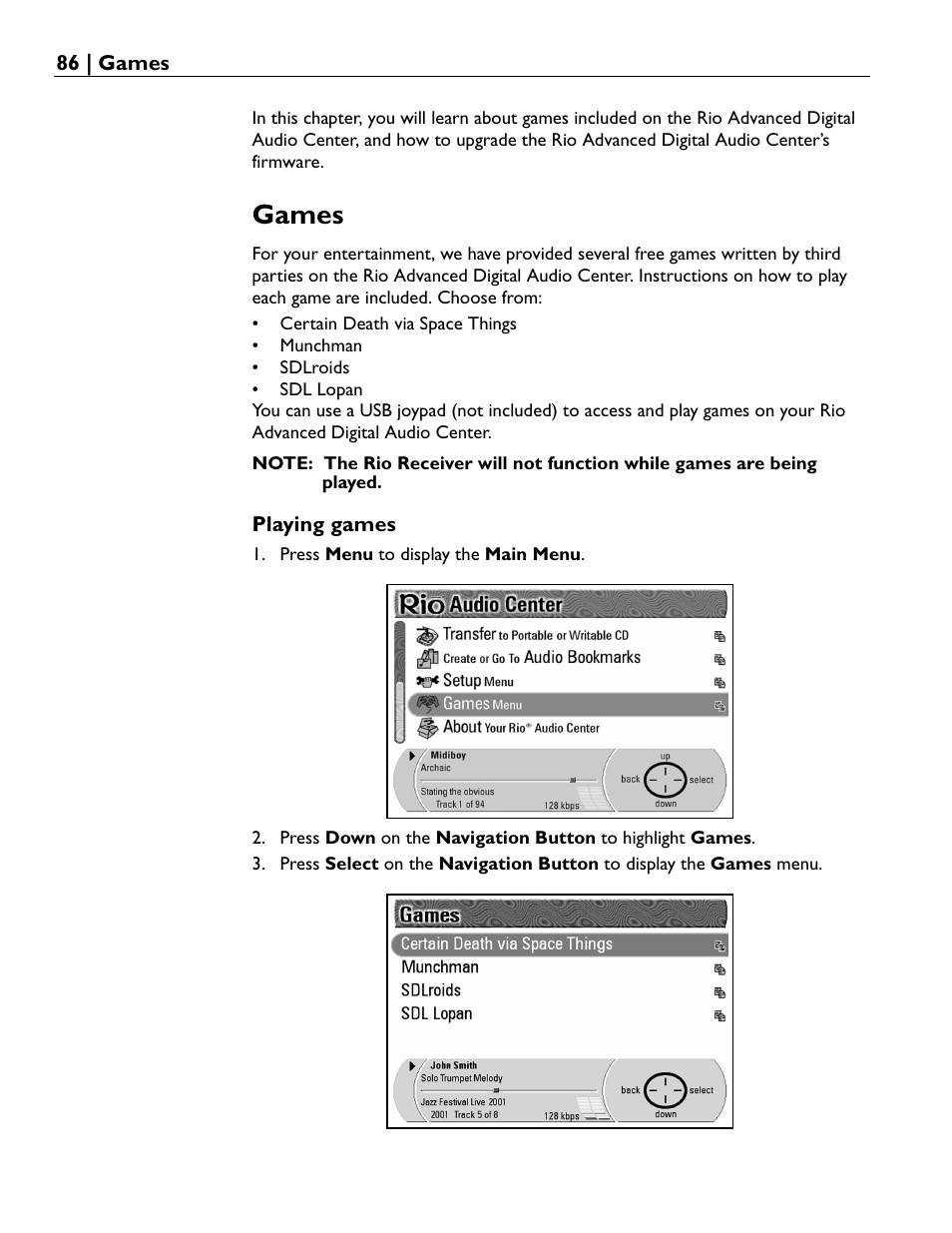 Games | Rio Audio Advanced Digital Audio Center User Manual | Page 88 / 116