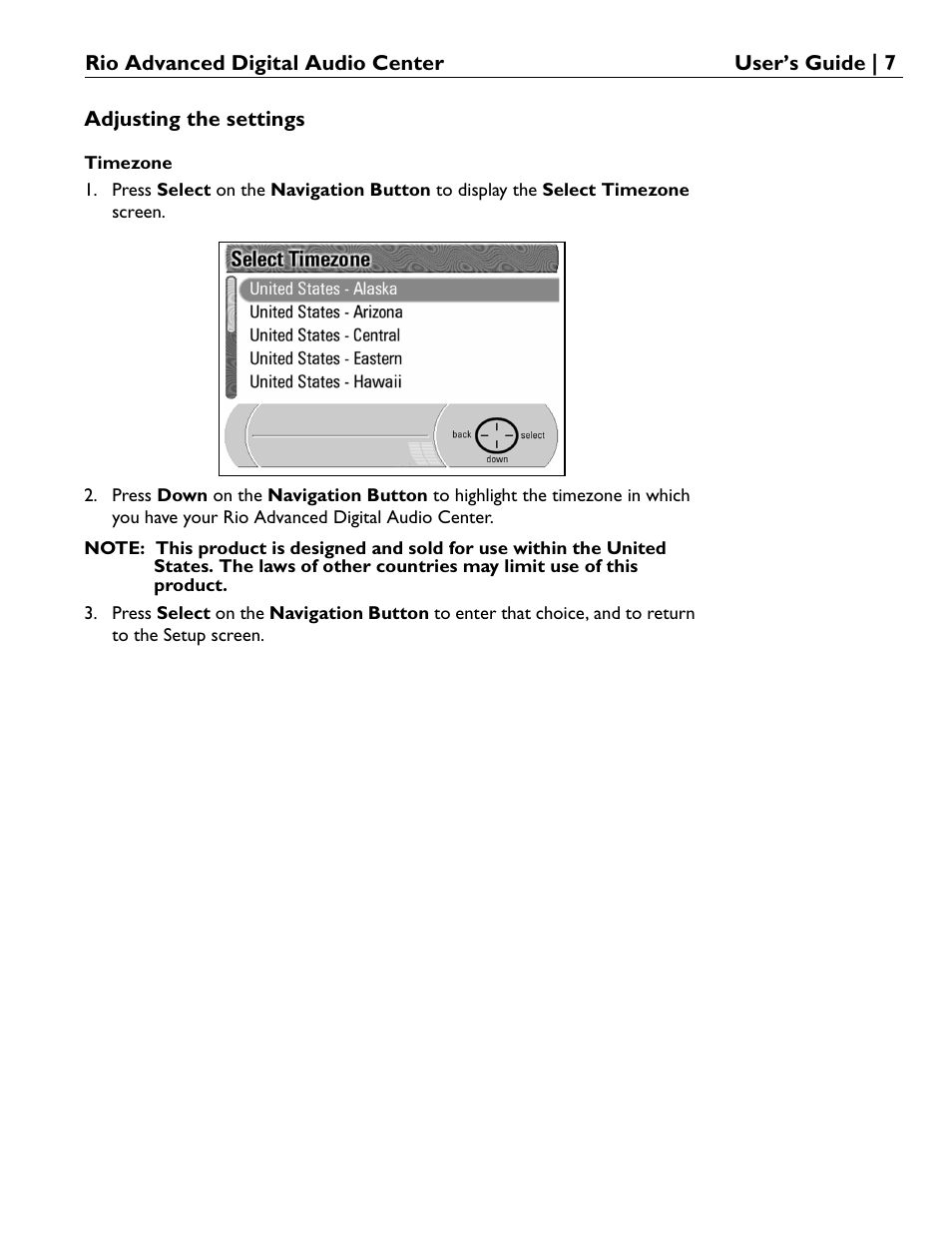 Adjusting the settings, Timezone | Rio Audio Advanced Digital Audio Center User Manual | Page 9 / 116