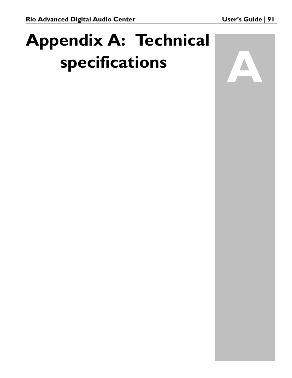 Appendix a: technical specifications | Rio Audio Advanced Digital Audio Center User Manual | Page 93 / 116