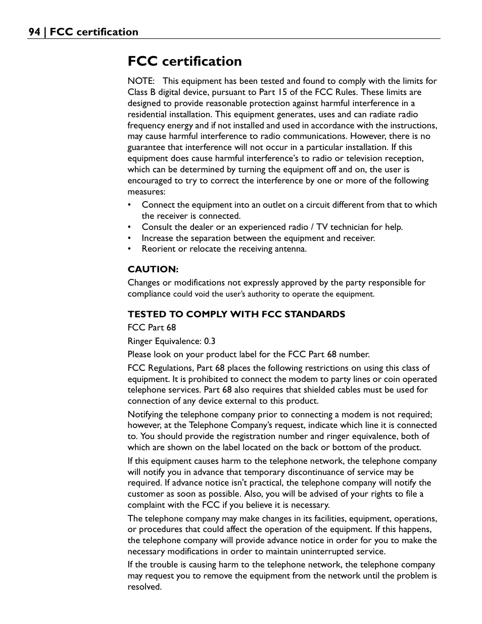 Fcc certification, Caution, Tested to comply with fcc standards | Rio Audio Advanced Digital Audio Center User Manual | Page 96 / 116