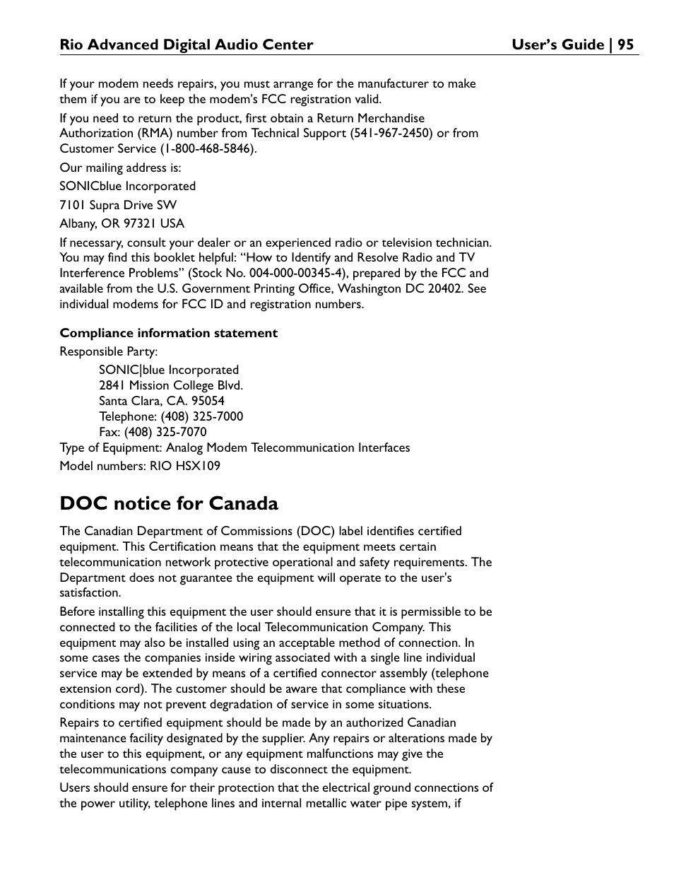 Compliance information statement, Doc notice for canada | Rio Audio Advanced Digital Audio Center User Manual | Page 97 / 116