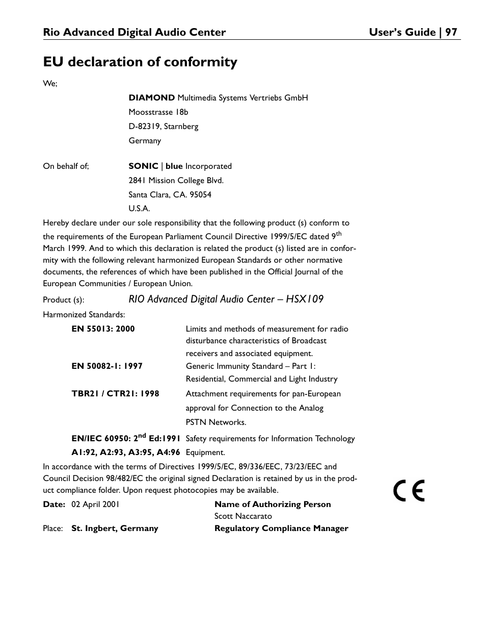 Eu declaration of conformity, Rio advanced digital audio center – hsx109 | Rio Audio Advanced Digital Audio Center User Manual | Page 99 / 116
