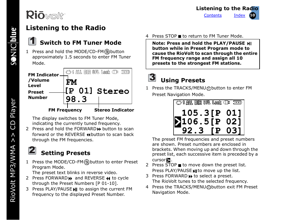 Listening to the radio, Switch to fm tuner mode, Setting presets | Using presets | Rio Audio SP350 User Manual | Page 10 / 34