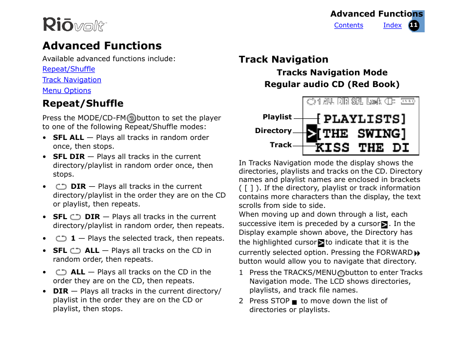 Advanced functions, Repeat/shuffle, Track navigation | Rio Audio SP350 User Manual | Page 11 / 34