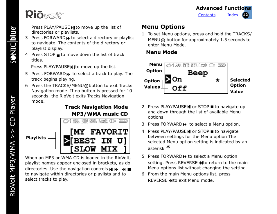 Menu options, Riov olt mp3/wma >> cd pla yer | Rio Audio SP350 User Manual | Page 12 / 34