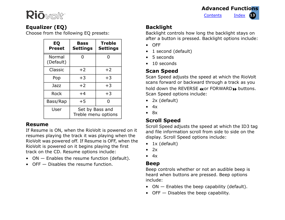 Equalizer (eq), Resume, Backlight | Scan speed, Scroll speed, Beep | Rio Audio SP350 User Manual | Page 13 / 34