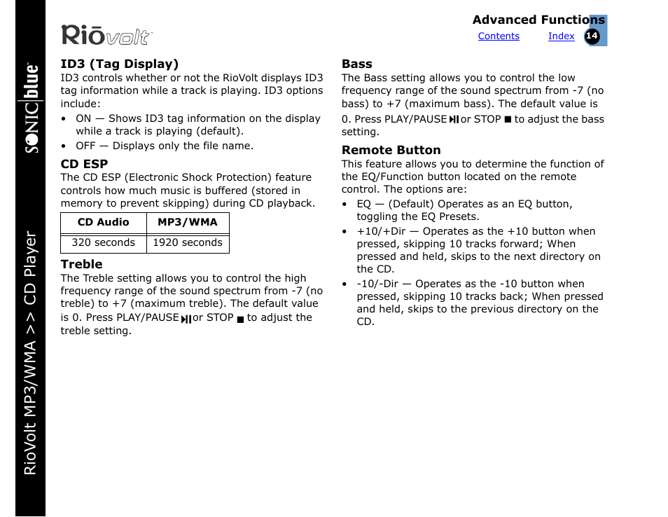 Id3 (tag display), Cd esp, Treble | Bass, Remote button, Button see, Riov olt mp3/wma >> cd pla yer | Rio Audio SP350 User Manual | Page 14 / 34