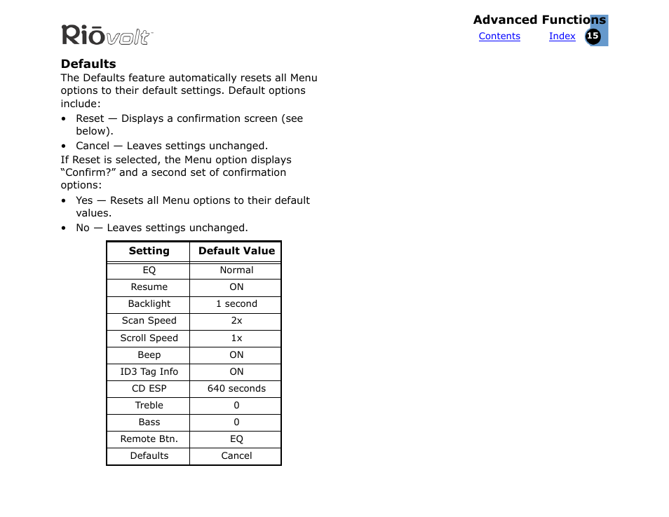 Defaults | Rio Audio SP350 User Manual | Page 15 / 34
