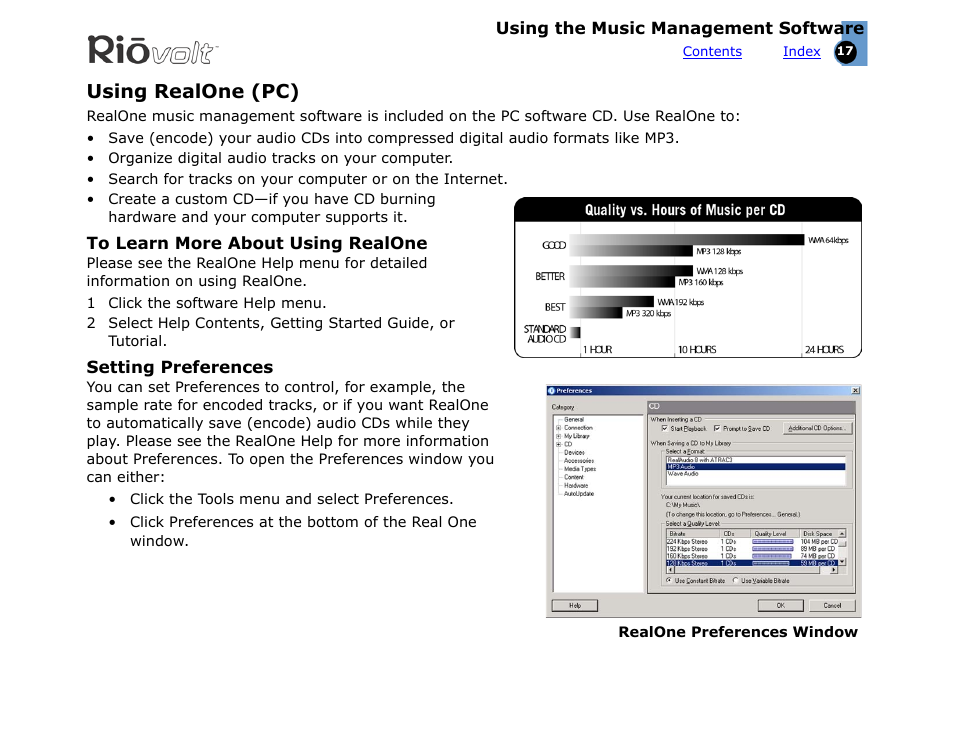 Using realone (pc), To learn more about using realone, Setting preferences | Rio Audio SP350 User Manual | Page 17 / 34