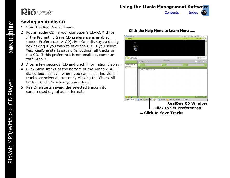 Saving an audio cd, Riov olt mp3/wma >> cd pla yer | Rio Audio SP350 User Manual | Page 18 / 34