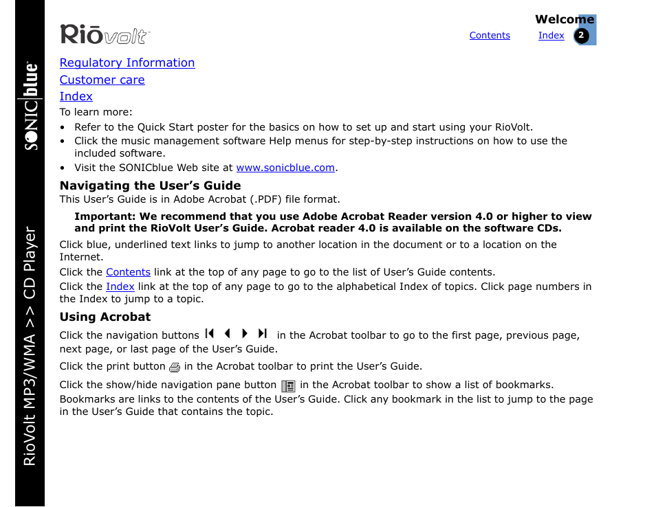 Navigating the user’s guide, Using acrobat, Navigating the user’s guide / using acrobat | Riov olt mp3/wma >> cd pla yer | Rio Audio SP350 User Manual | Page 2 / 34