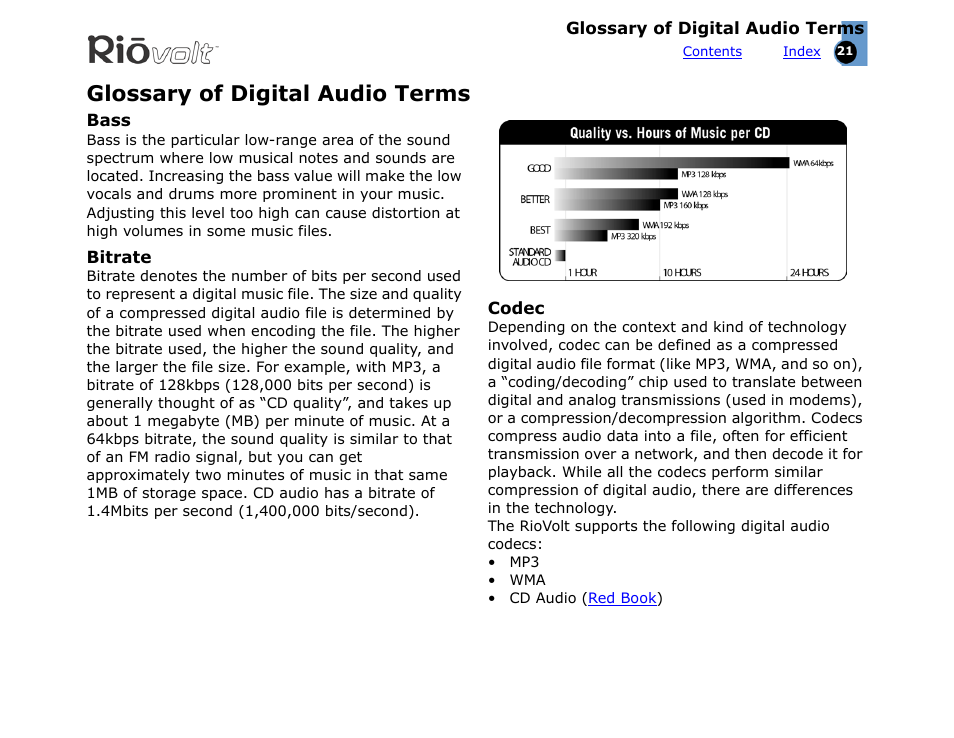 Glossary of digital audio terms, Bass, Bitrate | Codec | Rio Audio SP350 User Manual | Page 21 / 34