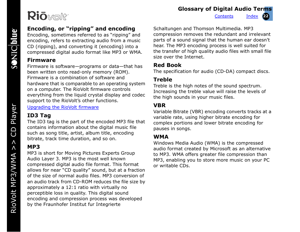 Encoding, or “ripping” and encoding, Firmware, Id3 tag | Red book, Treble, Book, Audio cds. the sp350 includes, Encode, Riov olt mp3/wma >> cd pla yer | Rio Audio SP350 User Manual | Page 22 / 34