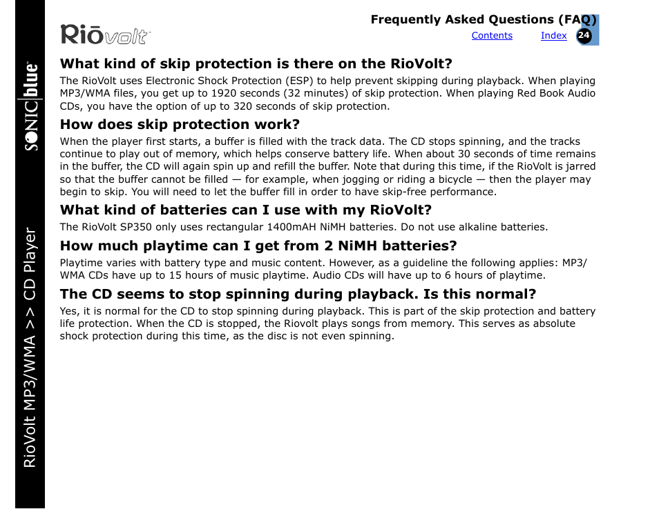 How does skip protection work, What kind of batteries can i use with my riovolt, How much playtime can i get from 2 nimh batteries | 20 seconds of, Electronic shock protection (esp), Riov olt mp3/wma >> cd pla yer | Rio Audio SP350 User Manual | Page 24 / 34