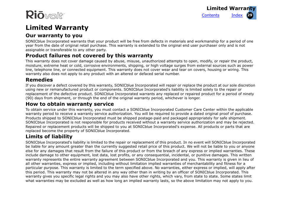 Limited warranty, Our warranty to you, Product failures not covered by this warranty | Remedies, How to obtain warranty service, Limits of liability, Warranty information | Rio Audio SP350 User Manual | Page 29 / 34