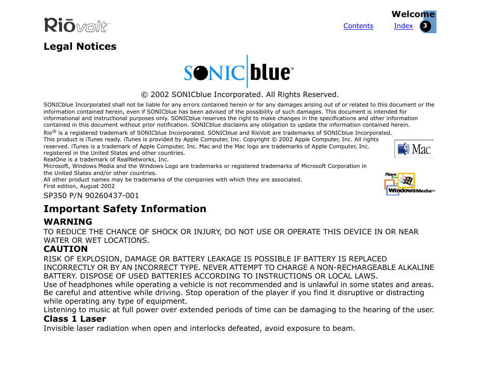 Legal notices, Important safety information, Warning | Caution, Class 1 laser, Safety information | Rio Audio SP350 User Manual | Page 3 / 34