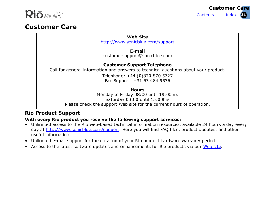 Customer care, Rio product support | Rio Audio SP350 User Manual | Page 31 / 34