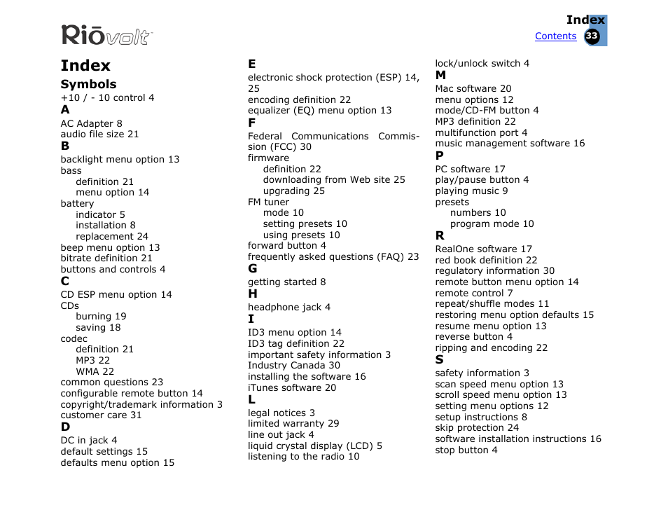 Index, Click the | Rio Audio SP350 User Manual | Page 33 / 34