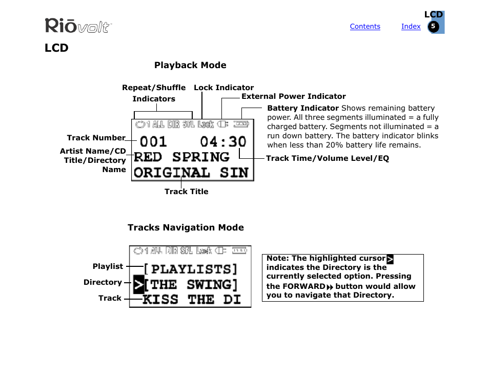 Tour (continued) - display (lcd) | Rio Audio SP350 User Manual | Page 5 / 34
