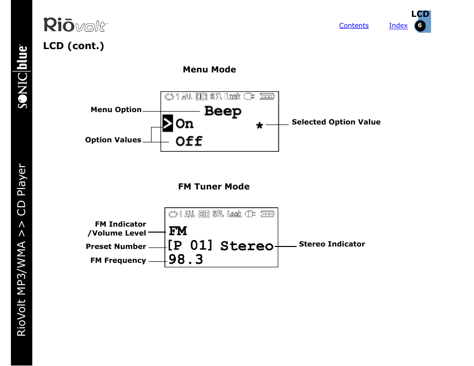 Lcd (cont.), Riov olt mp3/wma >> cd pla yer | Rio Audio SP350 User Manual | Page 6 / 34