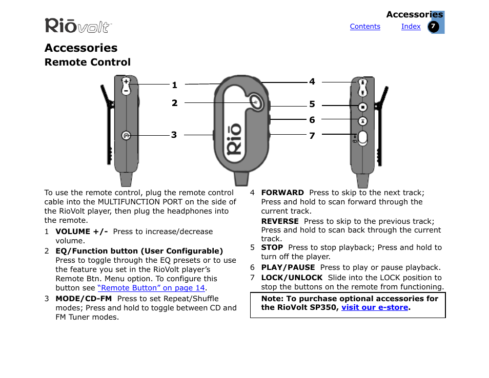 Accessories, Remote control | Rio Audio SP350 User Manual | Page 7 / 34