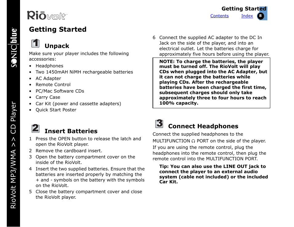 Getting started, Unpack, Insert batteries | Connect headphones, Riov olt mp3/wma >> cd pla yer getting started | Rio Audio SP350 User Manual | Page 8 / 34