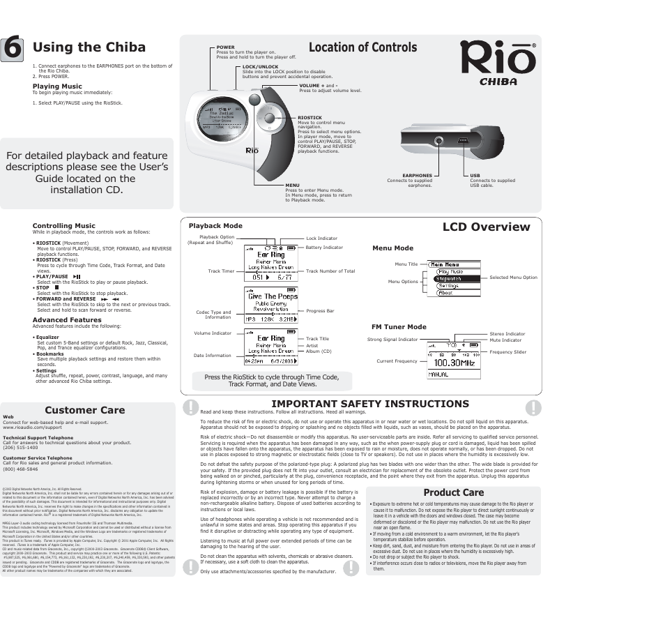 Rio Audio Mp3 Player Model Chiba User Manual | 1 page