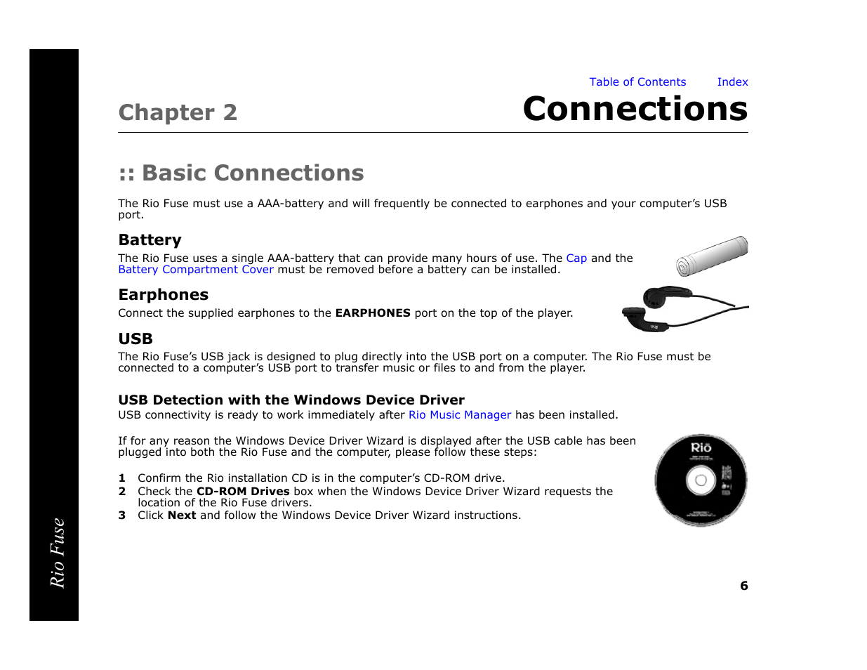 Chapter 2 connections, Basic connections, Battery | Earphones, Usb detection with the windows device driver, Connections, 2 - connections, Chapter 2, Rio fuse | Rio Audio Rio Fuse User Manual | Page 10 / 54