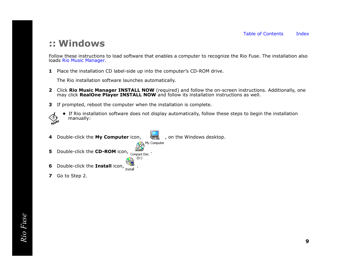 Windows, 5 double-click the cd-rom icon, 6 double-click the install icon | 7 go to step 2, Rio fuse | Rio Audio Rio Fuse User Manual | Page 13 / 54