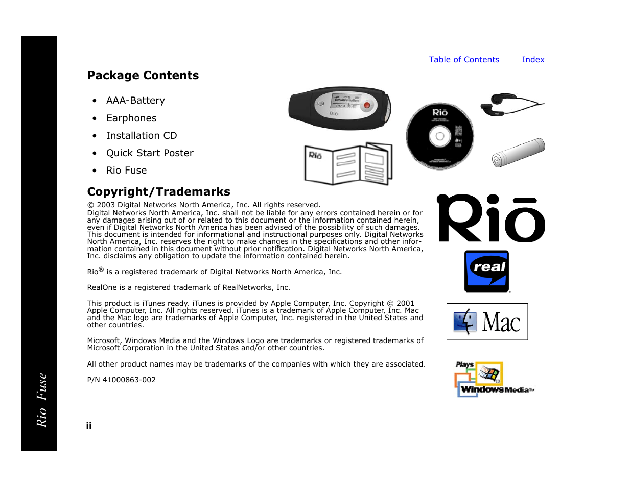 Package contents, Copyright/trademarks, Rio fuse | Package contents copyright/trademarks | Rio Audio Rio Fuse User Manual | Page 2 / 54