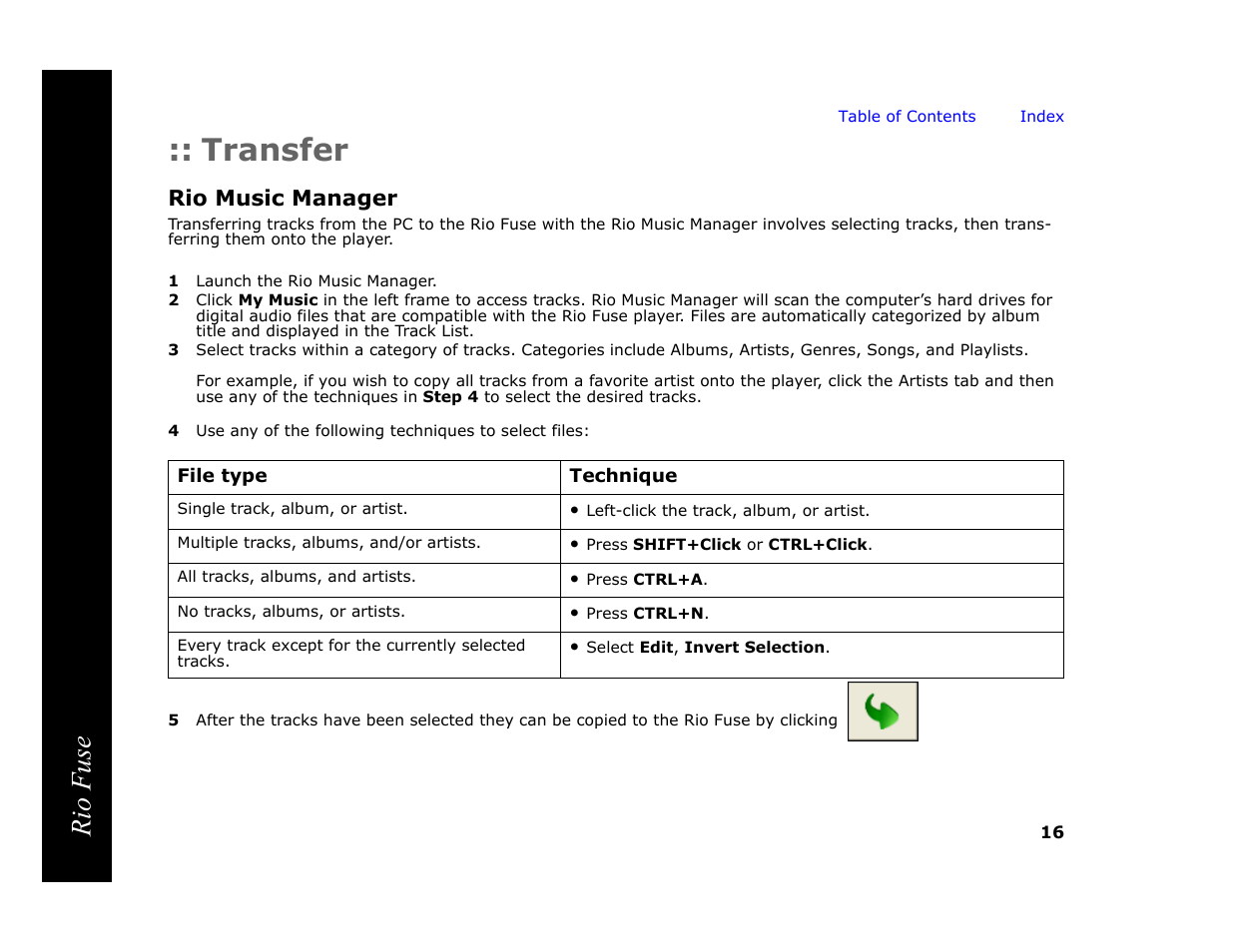 Transfer, Rio music manager, 1 launch the rio music manager | Rio fuse | Rio Audio Rio Fuse User Manual | Page 20 / 54