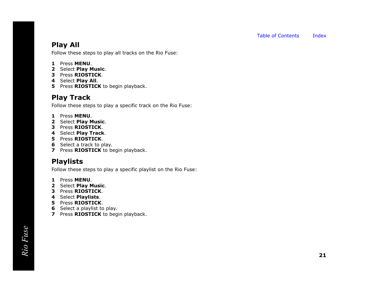 Play all, 1 press menu, 2 select play music | 3 press riostick, 4 select play all, 5 press riostick to begin playback, Play track, 4 select play track, 5 press riostick, 6 select a track to play | Rio Audio Rio Fuse User Manual | Page 25 / 54