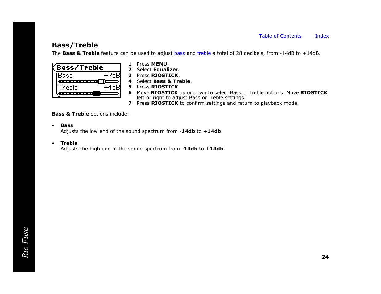 Bass/treble, 1 press menu, 2 select equalizer | 3 press riostick, 4 select bass & treble, 5 press riostick, Rio fuse | Rio Audio Rio Fuse User Manual | Page 28 / 54