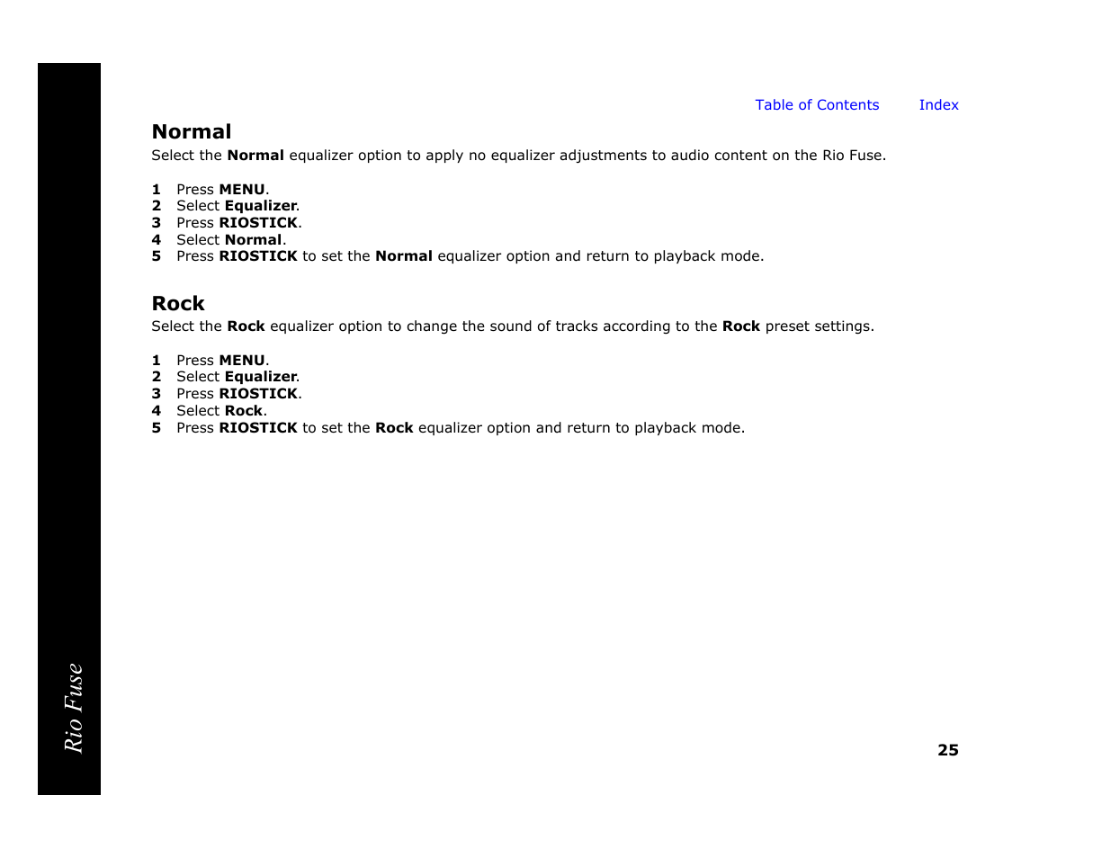 Normal, 1 press menu, 2 select equalizer | 3 press riostick, 4 select normal, Rock, 4 select rock, Normal rock, Rio fuse | Rio Audio Rio Fuse User Manual | Page 29 / 54