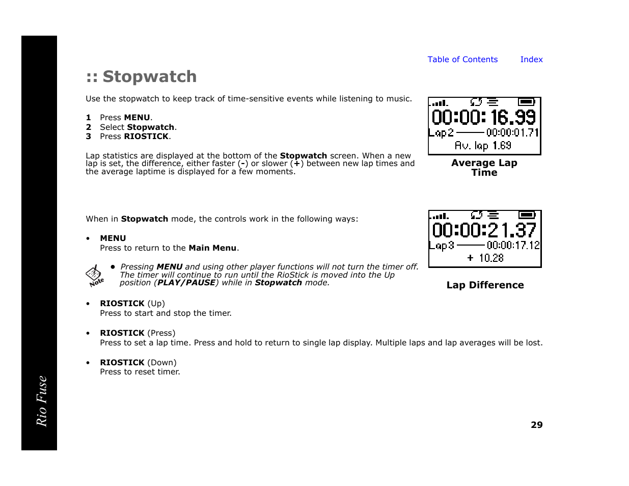 Stopwatch, 1 press menu, 2 select stopwatch | 3 press riostick, Rio fuse | Rio Audio Rio Fuse User Manual | Page 33 / 54
