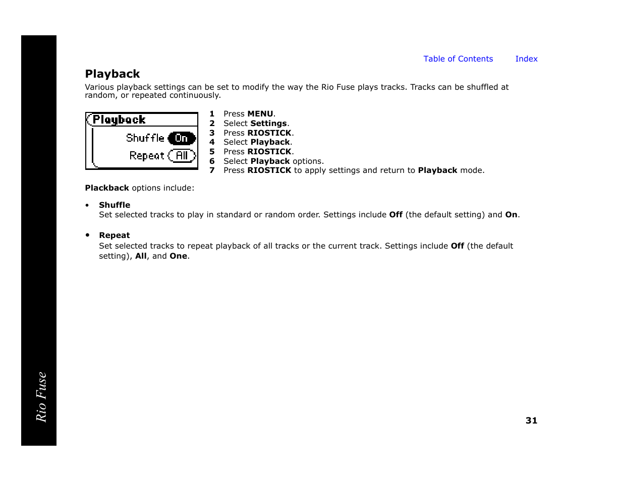 Playback, 1 press menu, 2 select settings | 3 press riostick, 4 select playback, 5 press riostick, 6 select playback options, Rio fuse | Rio Audio Rio Fuse User Manual | Page 35 / 54