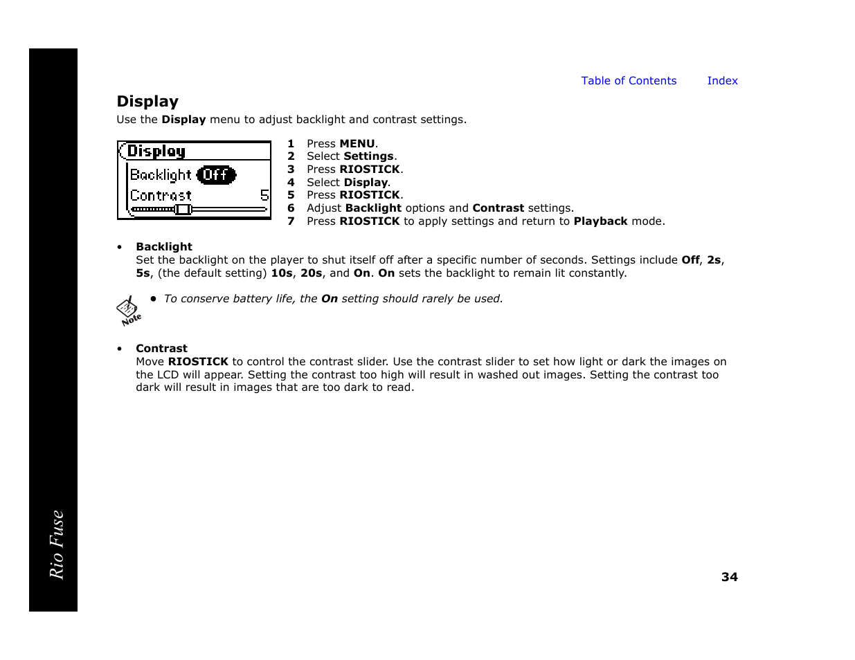 Display, 1 press menu, 2 select settings | 3 press riostick, 4 select display, 5 press riostick, 6 adjust backlight options and contrast settings, Rio fuse | Rio Audio Rio Fuse User Manual | Page 38 / 54